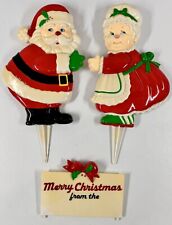 Vintage 11” Santa & Mrs. Claus Hard Plastic Lawn Stakes Yard Decor Sign Greeters picture