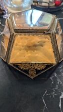 Antique Victorian  Glass Jewelry Casket Ormolu Filigree gold Jewelry Box Holder picture