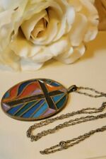 † Vintage LARGE Abstract Cross Brass PENDANT Necklace 24