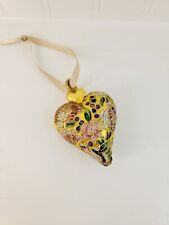 Vtg Heart Shaped Brass Enamel Cloisonne Ornament w Ribbon Hanger Valentine's Day picture