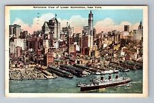 Manhattan NY-New York Aeroplan View Lower City Ship c1935 Vintage Postcard picture