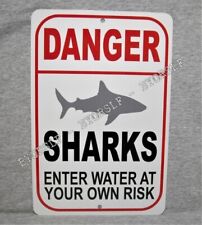 Metal Sign DANGER SHARKS warning tiger great white no swimming aluminum 8