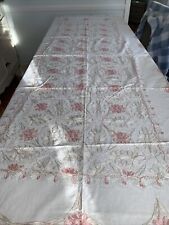 Vtg Embroidered Cotton Tablecloth Pink Gold Floral Scroll Design Pink 60 x 97