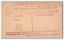 1929 Peoples Bank We Credit $90.96 Mt. Jackson Virginia VA Antique Postal Card picture