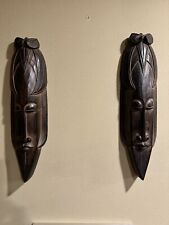 Pair (2) Bali Masks Indonesian Wood Hand Carved Dark Green EUC 19”x5” picture