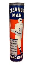Antique 1936 Clean Up Man Baseball Themed Full Sealed Hand Soap Tin Saginaw MI picture