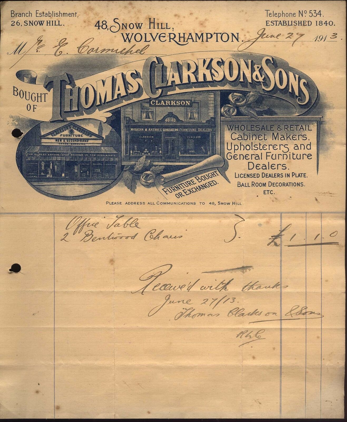 1913 WOLVERHAMPTON, Thomas Clarkson & Sons, 48 Snow Hill, Cabinet Makers etc