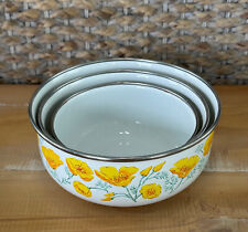 Set of 3 Vintage Kobe Kitchen Enamelware Metal Nesting Bowls Orange Poppy Flower picture