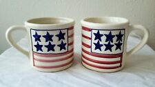 Set of 2 Vintage Hartstone Pottery 14 oz Hand-Painted 6-Star American Flag Mugs picture