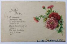 Antique 1924 Joyful Days Friendship Poem With Large Red Flowers Posted Postcard picture