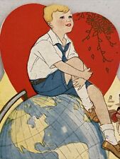 Antique Child’s Valentine Sitting on Globe World of Love in Classroom Vintage picture