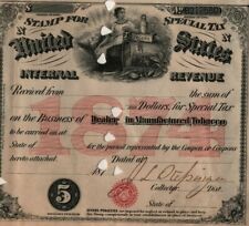 Vintage 1874 Special Tax Stamp Internal Revenue Receipt Sheet - Tobacco Dealer picture