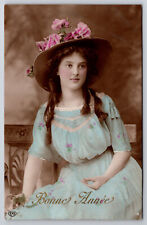 Vintage Postcard C1911 Lovely French Girl With Large Pink Rose Hat picture