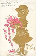 Best Wishes Postcard~Antique~Golden Girl Holding Basket Of Pink Flowers~c1908 picture