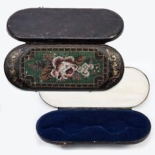Antique French Beaded Needlepoint Panel, Spectacles Case, Leather Etui picture