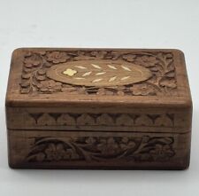 Vintage Hand Carved Wooden Trinket Box With Inlay Florals, Leaves And Hinged Lid picture