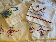 Vtg Pillowcases Linen Embroidered Crochet Trim Floral Mixed Standard Sz Lot Of 4 picture