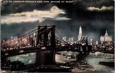 New York NY Brooklyn Bridge & Skyline at Night Vintage Postcard PM 1918 picture