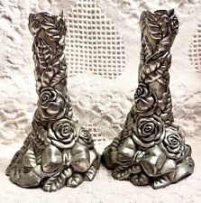 Gorgeous Ornate Roses & Bow Candle Stick Holders Silver Heavy Metal Rare Find picture