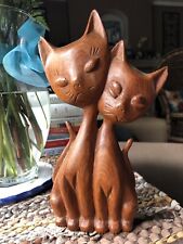 Vintage MCM Mid-Century Modern Wooden Cat sculpture figurine 2 Cats picture