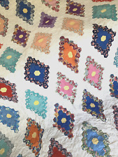 Vintage Large Colorful QUILT TOP DIAMOND Cotton Fabric Feedsack Inspired 84x102 picture