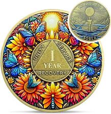 Delicate Sunflower 1 Year Sobriety Coin Recovery Butterfly AA Coin Gifts picture