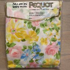 Vtg Pequot No Iron Luxury Muslin Double Fitted Sheet 54x76 Pink Yellow Floral picture