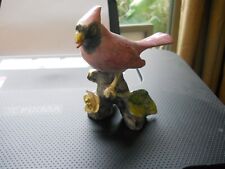 Ceramic Cardinal Bird Mark A3315 - Pink on Stump & Yellow Flower Hand Painted picture