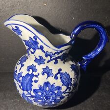 VTG Large Approx 7 In X 9’W Blue Floral/ White Porcelain Pitcher picture