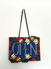 Vintage Open Close Store Sign Needlepoint On Plastic Canvas 1970s Yarn Flower picture