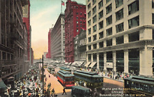 Chicago Illinois, State & Madison Streets Trolleys Pedestrians, Vintage Postcard picture