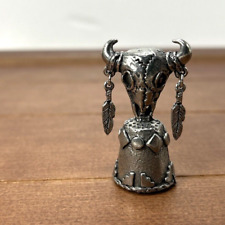 Vintage Texas Bison Buffalo Skull Native American Feathers Metal Pewter Thimble picture