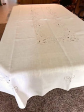 Lovely Vintage Ivory Linen Cutwork Embroidery Tablecloth, 97