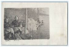 c1910's Little Girls Fishing Barrett Minnesota MN RPPC Photo Antique Postcard picture