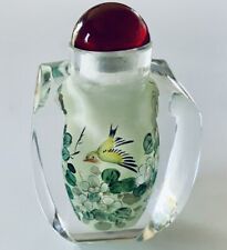 Vintage Chinese Reverse Painted Glass Snuff Bottle Flowers & Birds Red Stopper picture