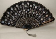Peacock Fold Hand Fan Black Fabric Silver Embroidered Sequined Flowers picture