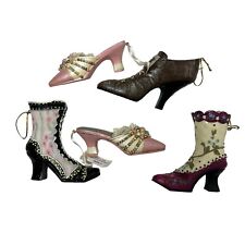 Lot Of 5 Victorian Shoe Boots Flower Christmas Ornaments Pink & Black GANZ Jewel picture