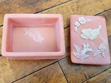 Vtg 1974  Pink Soapstone Trinket Box w White Butterfly Fowers 1.5x2x2.75 Inch picture