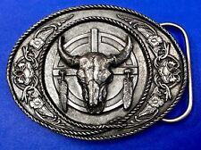 Native American Indian Themed Cow Skull Feathers Vtg. Siskiyou Belt Buckle D-5 picture