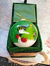 NEW Hand Painted Snowman Green Glass Ball Ornament Holding Tree Case 70 mm NWOT picture