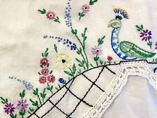 Vintage Matching Pair of Birds Flowers Hand Embroidered Crocheted Pillowcases picture
