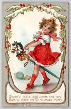 Brundage Christmas Blonde Girl In Red On Stick Hobby Horse Toy Postcard Q26 picture