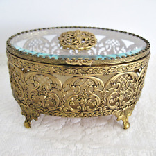 Vtg Gold Filigree Jewelry Box Hollywood Regency Ormolu Vanity Dresser Cherub picture