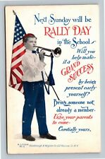 Patriotic-Religious-Boy Blows Trumpet for Rally Day c1910 Vintage Postcard picture