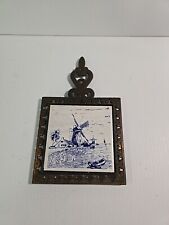 Vintage DELFT Blue / White Tile with Windmill Illustration Trivet w/Metal Base picture