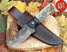 Damascus Steel Knife Ram Horn Handle Forged w. Leather Sheath Personalized Gift picture
