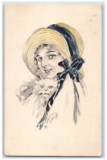 1912 Pretty Woman Big Hat Cat Lewiston Minnesota MN Posted Antique Postcard picture