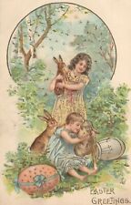 Postcard Easter German Embossed Children Rabbits Lamb Gold Gilt PFB Eggs picture