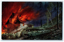 c1910 Fire In The Forest House with Mill Antique Oilette Tuck Art Postcard picture