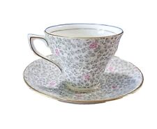 Rosina Bone China Tea Cup and Saucer set- Vintage Gray Leaves PINK Flowers picture
